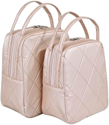 Machine Washable Women Quilted Fabric Insulated Reusable Cooler Lunch Bag Tote Adult Thermal Lunch Box Storage Bag for Ｗork (Champagne)