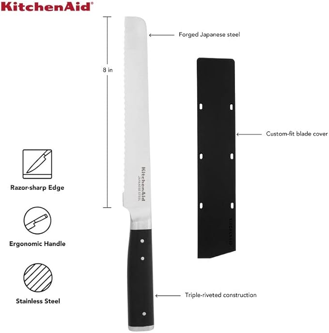 KitchenAid Gourmet Forged Triple Rivet Bread Knife with Custom-Fit Blade Cover, 5-inch, Sharp Kitchen Knife, High-Carbon Japanese Stainless Steel Blade, Black