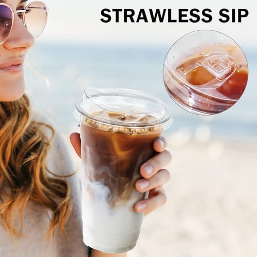 BYSNOW 50 Pack 24 oz Clear Plastic Cups with Sip Lids, Iced Coffee Cups