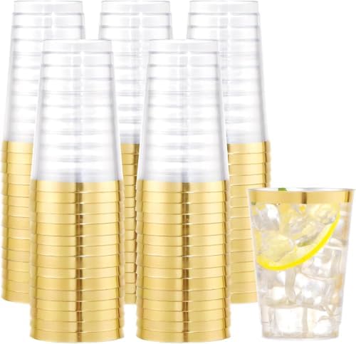 I00000 100 Pack Gold Plastic Cups, 10 OZ Clear Plastic Cups