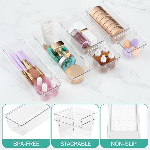 9 Pack Clear Drawer Organizer Set, Drawer Storage Trays, Storage Bins