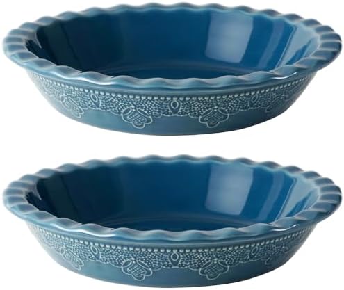 Fun Elements Pie Pan, 9 Inch Ceramic Pie Dish, Deep Dish Pie Pan with Lace Emboss, Ruffled Pie Plate for Baking, Thanksgiving Christmas Gifts, Set of 2, Blue