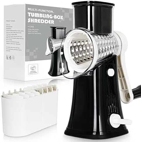 5-in-1 Rotary Cheese Grater Hand Crank, Vegetable Slicer Shredder with 5 Interchangeable Blades, Graters for Kitchen, Safe Kitchen Tool for Cheese, Nuts, Chocolate, Black
