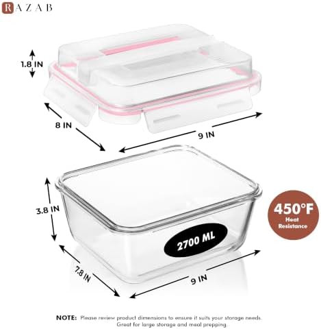 Razab 2700ml / 91Oz / 11.5 Cups Large Glass Food Storage Containers with Lids - Glass Meal Prep Containers for Roasting & Storing Leftover, Glass Lunch Container, Microwave & Oven Safe