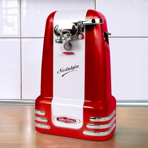 Nostalgia Retro Electric Can Opener for Kitchen with Magnetic Lid Remover, Knife Sharpener, and Soda or Beer Bottle Opener, Red