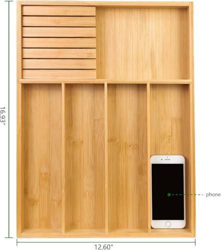 VaeFae Bamboo Silverware Drawer Organizer, 5 Slots, Natural