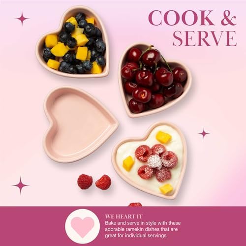 Paris Hilton Heart Shaped Ramekin Set, Mini Ceramic Ramekins, Oven Safe Baking Dishes, Dishwasher Safe, Stoneware Made without PFOA, 4-Piece Set, Pink