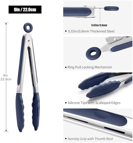 Doosu Kitchen Tongs with Silicone Tips for Cooking Serving (9in, Navy Blue)