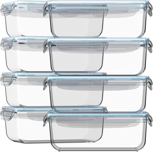 Razab 16 Pc (Set of 8) 30 Oz Glass Meal Prep Containers with Lids, Airtight Large Glass Food Storage Containers, Reusable Leak Proof BPA Free, Freezer to Oven and Dishwasher Safe
