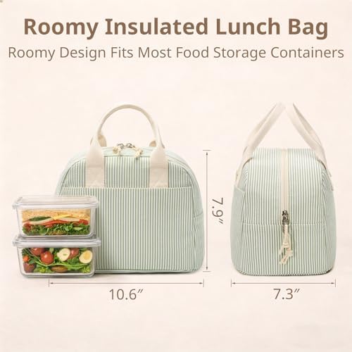 LOVELYWIND Lunch Box for Women, Insulated Lunch Bag, Green Stripe Tote