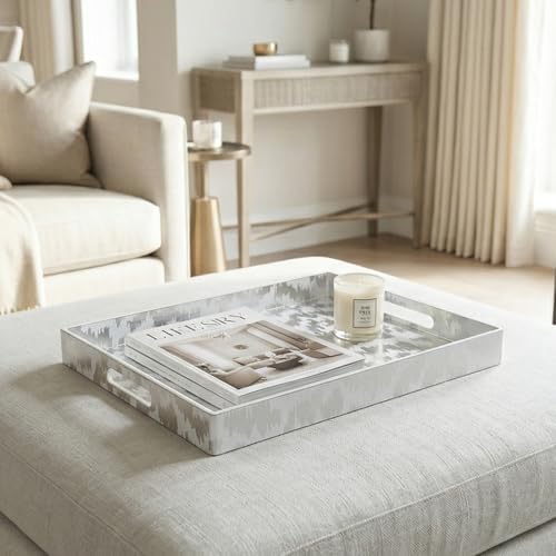 White & Silver Glitter Abstract Serving Tray with Handles, 15.8”x11.7”x1.6” Rectangular Decor Tray – Multipurpose for Breakfast in Bed, Bathroom Vanity, Living Room & Entertaining