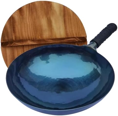 Blue Pre-Seasoned Cast Iron Wok with Lid, Nonstick 12.6 inch