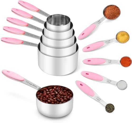 Joyhill Stainless Steel Measuring Cups and Spoons Set of 10 Piece, Nesting Metal Measuring Cups Set with Soft Touch Silicone Handles for Dry and Liquid Ingredients, Cooking & Baking (Pink)