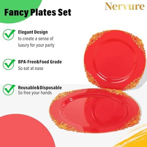 Nervure 350Pcs Red Plastic Plates, Disposable Dinnerware Set for 50 Guests