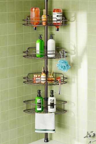HAMITOR Corner Bathroom Organizer, 4-Tier Tension Pole Shower Caddy, Bronze