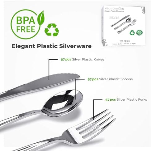 Silver Plastic Silverware Set (200-Pack) – Disposable Heavy Duty Cutlery, 67 Forks, 67 Knives, 67 Spoons for Parties, Weddings, Dinners & Holidays, Stock Your Home