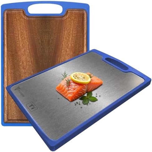 Titanium Cutting Boards for Kitchen - Dual Sided Cutting Board with Pure Titanium and Wood Surface, Durable Chopping Board, Easy to Clean with Juice Groove - Large 15 x 10 (Blue)