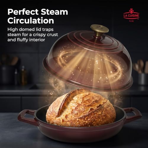 La Cuisine Enameled Cast Iron Round Bread Dutch Oven for Sourdough Crusty Bread & High‑Heat Baking. Oven-Safe 550°F/287°C, Internal Matte Black Enamel Coating, 5 QT, Cranberry