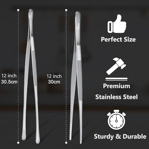 HOTEC Kitchen Tweezers Stainless Steel Cooking Tweezers 2 Pcs-12"