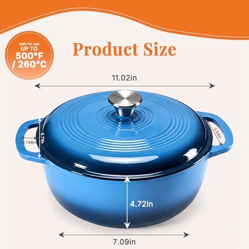 NEWBULIG Cast Iron Dutch Oven, 6 Quart Enamel Dutch Oven Pot with Lid, Heavy Duty Cookware for Sourdough Bread, Braising, Stews, Roasting, Safe up to 500°F, Blue
