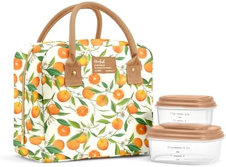 Fit & Fresh Bloomington Lunch Bag for Women - Insulated Large Lunch Box for Work with Containers, Leak-Resistant, Stain-Resistant, Zipper Closure, Orange Blossoms