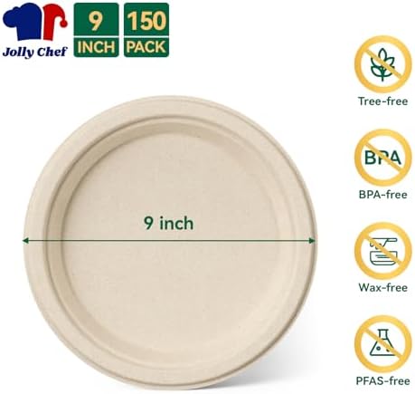 JOLLY CHEF 100% Compostable Paper Plates, 150 Pack 9 Inch Heavy Duty Plates, Disposable Biodegradable Eco-Friendly Sugarcane, Bulk Nature