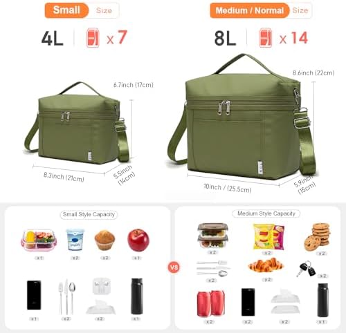 NOL Insulated Lunch Bags for Women Cooler Bag Lightweight Nylon Waterproof Lunch Box for Work - Small, Amy green