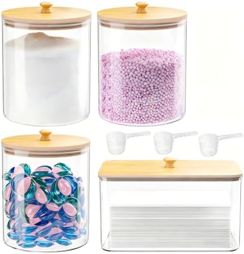 HomePekite Glass Laundry Pods Storage Container & Acrylic Dryer Sheet Holder, Laundry Room Organization and Storage, Detergent Powder Container, with Wooden Lids & Labels, 3+1 Pack