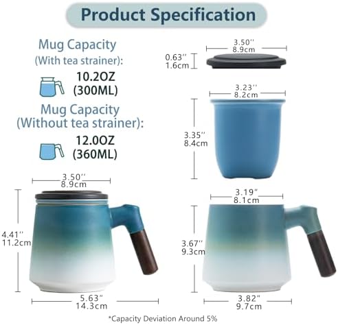 ZENS Tea Mug with Infuser and Lid for Loose Tea Diffusers, 12oz Blue