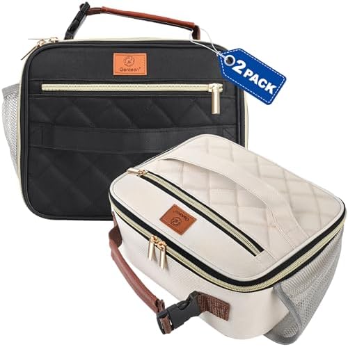 Genteen 2 Packs Lunch Box for Men Women Adults Kids - Insulated LunchBox Reusable, Zip Closure & Buckle Handle, Portable Cooler for Work, School, Travel (Black+White)
