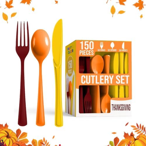 Party Solids Thanksgiving Plastic Cutlery Set - 150 Pieces