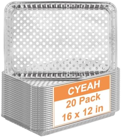 CYEAH 16 x 12 in Large Aluminum Foil Grill Topper Pans, 20 Pcs BBQ Grill Topper Pan with Holes, Non Viscous Aluminum Foil BBQ Grilling Tray for Cooking & Camping, No Clean Up Required