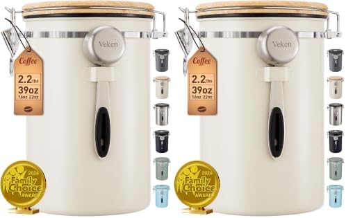 Veken Coffee Canister,39OZ, 2.2lbs,Large Airtight Stainless Steel Container Kitchen Food Storage Jars for Beans,Ground, Espresso, Rice,Tea, Sugar, Cereal, Gifts, Date Tracker, Scoop, Cream (Pack of 2)