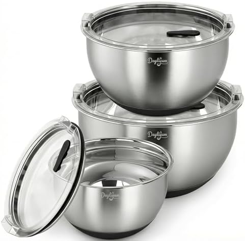 Mixing Bowls with Clear Airtight Lids, 3-Piece Stainless Steel Set, Black