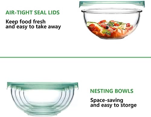 WhiteRhino Glass Mixing Bowl with Lids Set of 4,(1qt,1.5qt,2.5qt,3.7qt) Large Salad Bowl,Space-Saving Stacking Bowl for Kitchen Food Storage,Glass bowl for Cooking,Baking