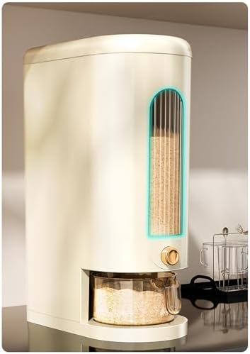 Peaoop 22LB Rice Dispenser, Large Grain Container Storage with Lid Measuring Cylinder Household Cereal Dispenser Bucket for Kitchen Soybean Corn (Beige-22lb)