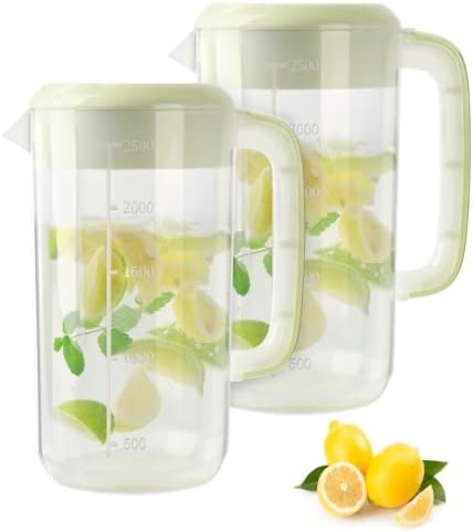 0.6 Gallon 2.5 Litre Clear Plastic Pitcher with Lid, 2 Pack Clear Water Pitchers for Cold Drinks, Iced Tea Jug for Lemonade, Iced Tea, Milk, Juice, Beverages