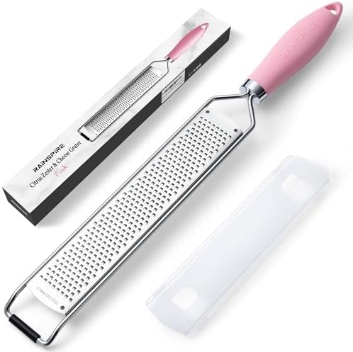 Rainspire Zester Grater with Handle, Lemon Zester Cheese Grater for Kitchen Stainless Steel, Parmesan Cheese Garlic Nutmeg Chocolate Fruits Vegetables Ginger Grater, Fine (Pink)