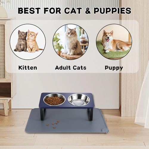 Summark Upgraded Elevated Cat Bowls with Food Mat,15°Tilted Stand Anti Vomiting Raised Cat Dishes for Food and Water,2 Stainless Steel Bowls for Cats and Puppies（Navy Blue）