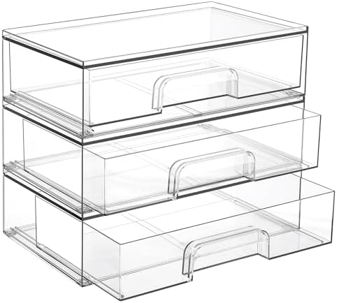 Vtopmart 12.1''W Clear Stackable Storage Drawers,3 Pack Acrylic Plastic Organizers Bins for Makeup Palettes, Cosmetics, and Beauty Supplies,Ideal for Vanity, Bathroom,Cabinet,Desk Organization