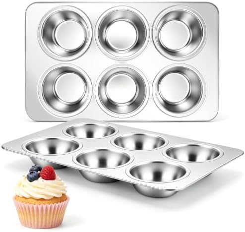 Onader Stainless Steel Muffin Pan, 6 Cup Cupcake Pan for Baking, 2 Pieces