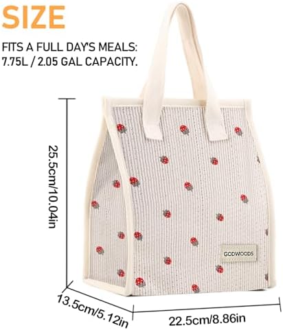 TELLUMO Corduroy Insulated Lunch Bag, 7.75L Large Capacity Reusable Lunch Box, Cute Lunch Tote for Women Men, Leakproof Lunch Cooler for Work Picnic Travel (Corduroy Strawberry)