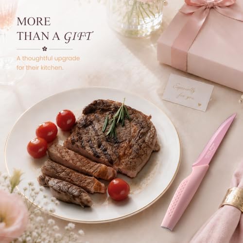 Amorston Steak Knives Set of 8 Stainless Steel Serrated Knives Pink