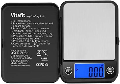Vitafit 500g Digital Pocket Scale High Accuracy 0.01g, Gram Scale Blue LCD