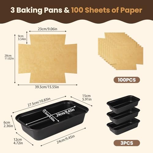 HUAKENER Loaf Pan with Liners Set, 3 Pack Loaf Pan with100 PCS Loaf Liners