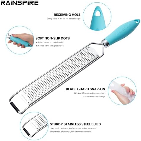 Rainspire Zester Grater with Handle, Lemon Zester Cheese Grater for Kitchen Stainless Steel, Parmesan Cheese Garlic Nutmeg Chocolate Fruits Vegetables Ginger Grater, Fine, Blue