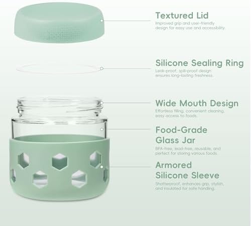 Gemice 6-Pack 10 oz Overnight Oats Containers with Lids and Silicone Sleeves, Glass Mason Jars with Airtight Lid, Dishwasher Safe, Wide Mouth Chia Seed Pudding Meal Prep Jar for Yogurt Berries Snack
