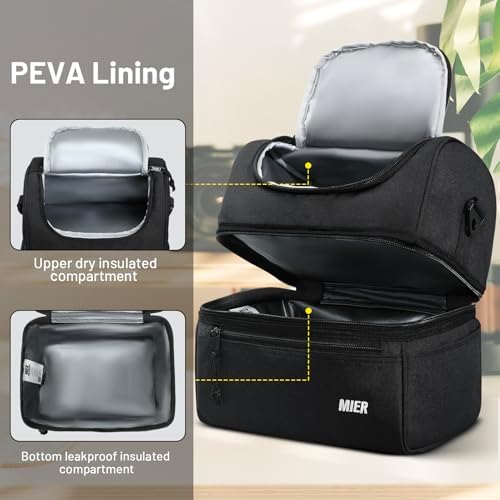 MIER Adult Lunch Box Insulated Lunch Bag Large Cooler Tote Bag for Men, Women, Double Deck Cooler(Black Large)