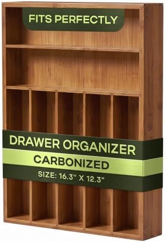 ROYAL CRAFT WOOD Luxury Bamboo Utensil Rack and Silverware Organizer, Kitchen Drawer Organizer - Utensil Holder and Cutlery Tray with Grooved Drawer Dividers for Flatware 7 Slot