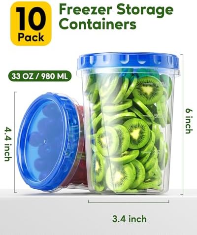 Canfanni 10 Pack-33oz Freezer Storage Containers Set, Plastic Food Storage Containers with Twist Top Lids, BPA Free Stackable Soup Containers for Overnight Oats/Salad/Leftover/Soup/Ice Cream